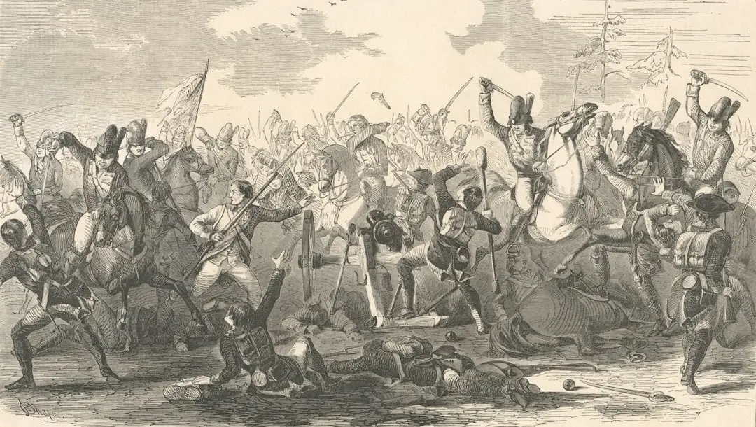 Soldiers engaged in a chaotic battle with swords and flags.