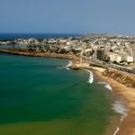 vue aérienne d'une plage animée longeant une ville côtière avec immeubles et voies ferrées