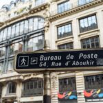 Paris street sign directing to the Bureau de Poste on Rue d'Aboukir, captured with classic Parisian architecture in the background.